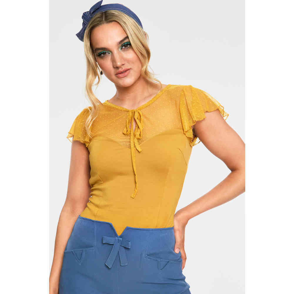 Voodoo Vixen - Samantha Mustard Mesh Top - Geel